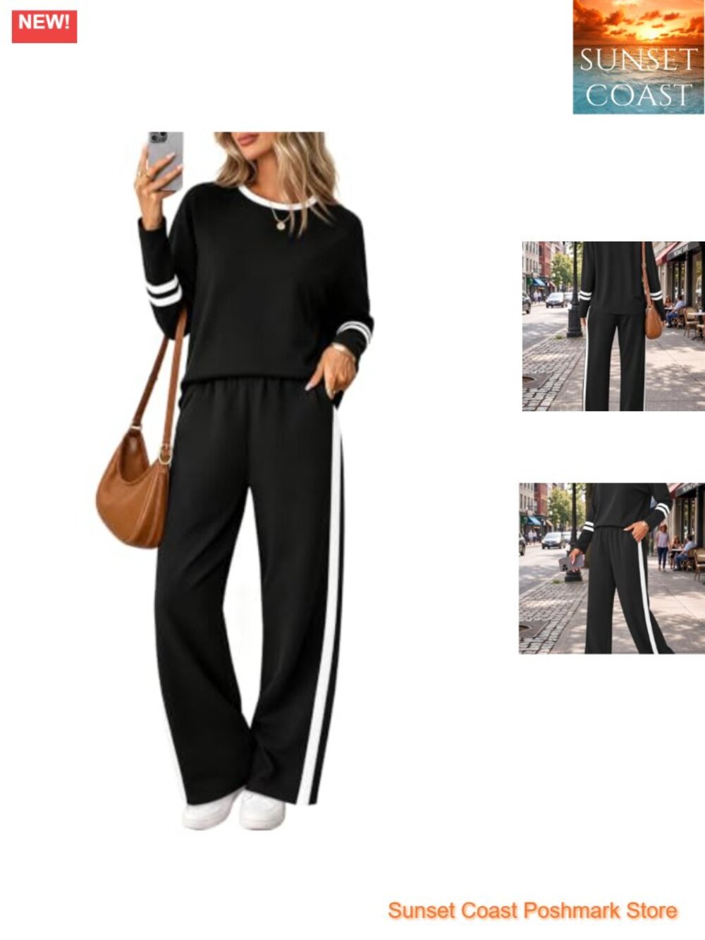 Womens 2 Piece Lounge Set Wide Leg Pants Crewneck Top Pull On Loose Fit